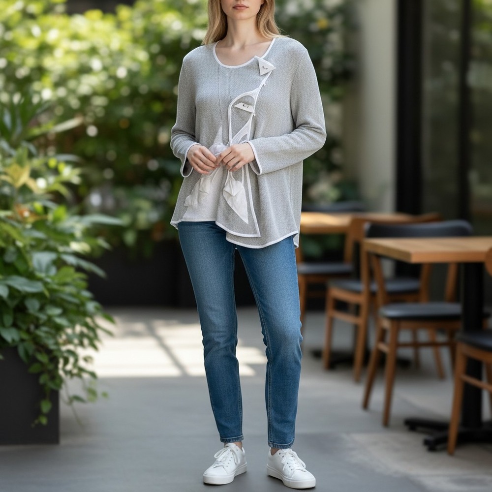 Jaskar Gray White Asymmetrical Knit Cardigan Sweater Floral Applique Poland L